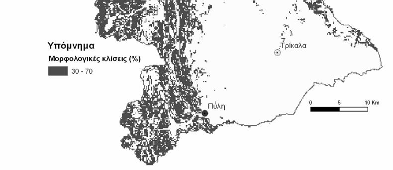 αναγλύφου της περιοχής μελέτης, με τιμές από 30 έως 70%.