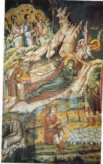 У средини је мрачна пећина са новорођеним младенцем; Изван пећине је Богородица; у левом горњем углу су Ангели, који певају Слава на висини