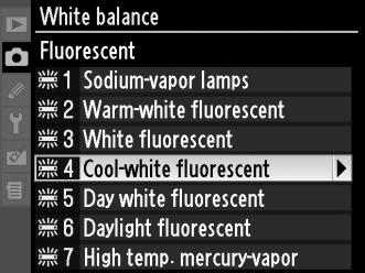 A Το μενού λήψης Μπορείτε να επιλέξετε την ισορροπία λευκού χρησιμοποιώντας την επιλογή White balance (Ισορροπία λευκού) στο μενού λήψης (0 148), που μπορεί επίσης να χρησιμοποιηθεί για τη