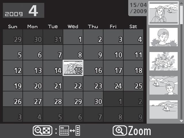Απεικόνιση ημερολογίου Για να προβάλετε εικόνες που λήφθηκαν σε μία επιλεγμένη ημερομηνία, πιέστε το κουμπί W όταν εμφανίζονται 72 εικόνες.