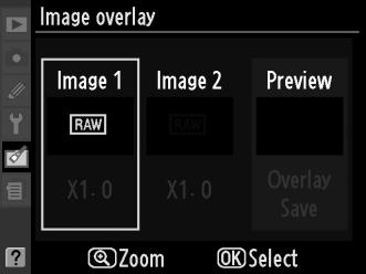 Image Overlay (Υπερκάλυψη εικόνων) κουμπί G N μενού επεξεργασίας Η υπερκάλυψη εικόνων συνδυάζει δύο υπάρχουσες φωτογραφίες NEF (RAW) για τη δημιουργία μίας φωτογραφίας που αποθηκεύεται ξεχωριστά από