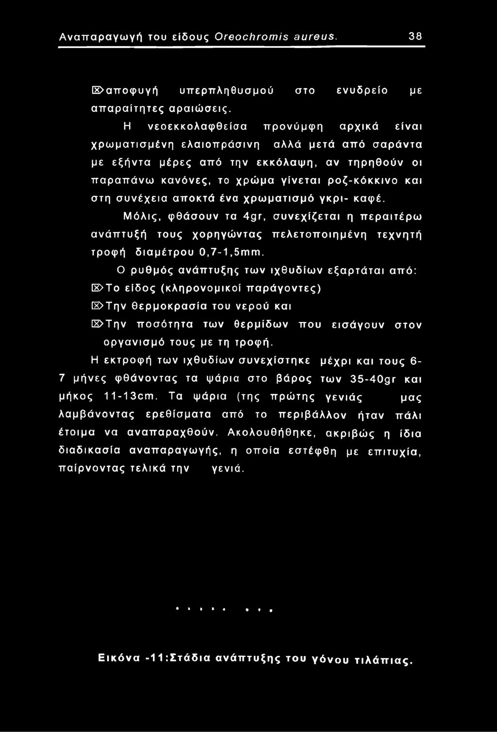 συνέχεια αποκτά ένα χρωματισμό γκρι- καφέ. Μόλις, φθάσουν τα 4ρΓ, συνεχίζεται η περαιτέρω ανάπτυξή τους χορηγώντας πελετοποιημένη τεχνητή τροφή διαμέτρου 0,7-1,διτιιπ.