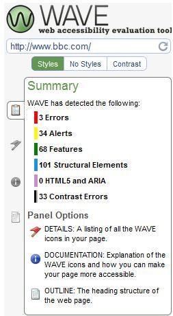 Εικόνα 3:WAVE has detected the following Τα λάθη προσβασιμότητας καταγράφονται και επισημαίνονται με εικονίδια, καθένα από τα οποία αναπαριστάται με διαφορετικό χρώμα, ανάλογα με το βαθμό