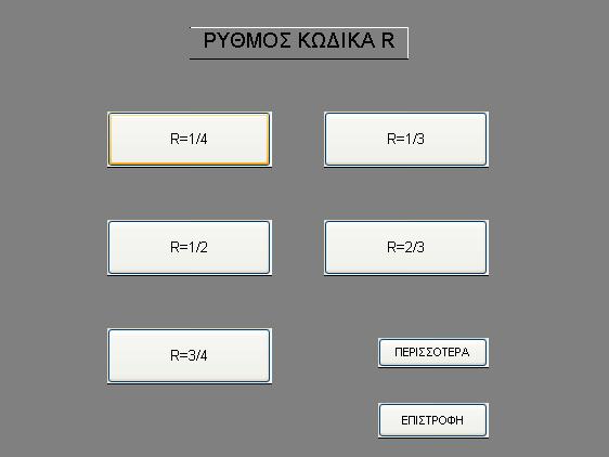 Αν θελήσουμε να επιλέξουμε έναν έτοιμο κώδικα αρχικά καλούμαστε να επιλέξουμε μια κατηγορία κωδίκων ανάλογα με τον κωδικό ρυθμό τους (Code Rate) R. Επιλογή ρυθμού κώδικα.