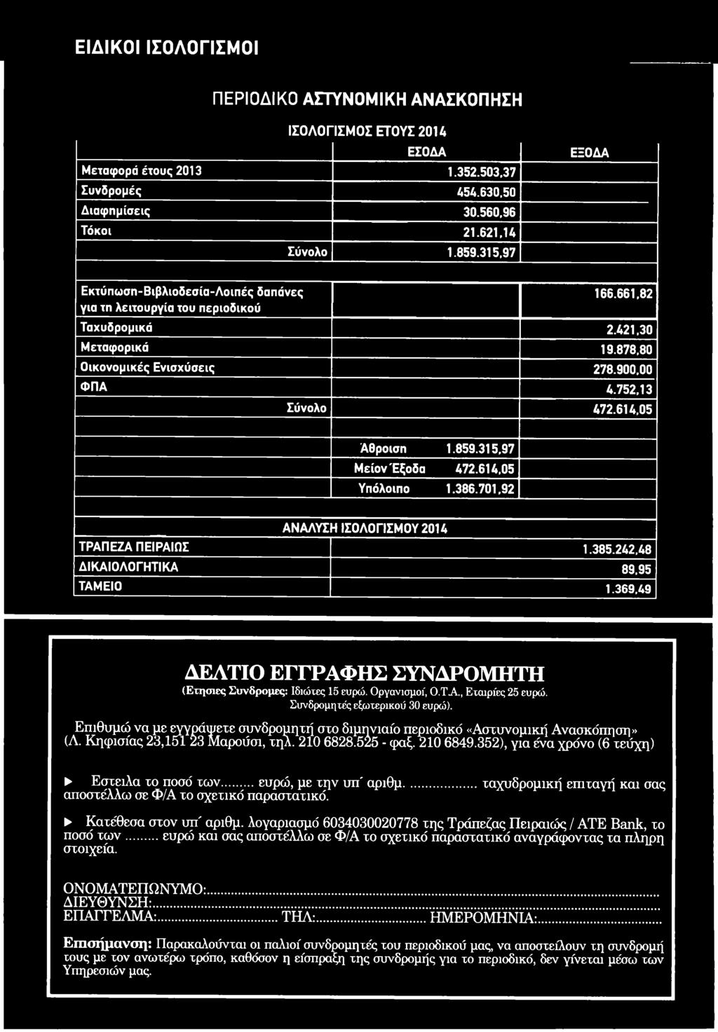 Επιθυμώ να με εγγράφετε συνδρομητή στο διμηνιαίο περιοδικά «Αστυνομική Ανασκόπηση» (Λ. Κηφισίας 23,151 23 Μαρούσι, τηλ. 210 6828.525 - φαξ. 210 6849.352), για ένα χρόνο (6 τεύχη) Εστειλα το ποσό των.