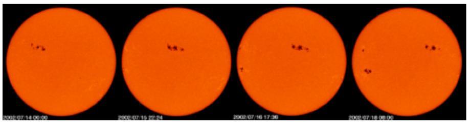 Πόσο διαρκεί μια ημέρα στον Ήλιο; Τέσσερις φωτογραφίες του Ήλιου με χρονική διαφορά 24 ωρών.
