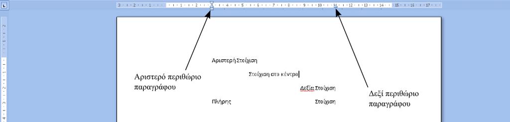 Τα περιθώρια της παραγράφου ελέγχονται οπτικά από την θέση των συμβόλων και στον οριζόντια χάρακα, ενώ η εσοχή ή προεξοχή της πρώτης γραμμής μιας παραγράφου από την θέση του
