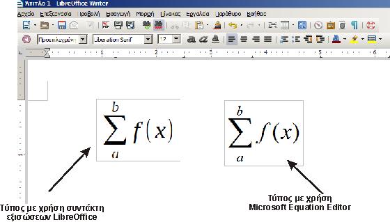 Η χρήση του γίνεται μέσω της επιλογής Εισαγωγή Αντικείμενο Τύπος του OpenOffice (Εικόνα 42). Εικόνα 42. Εισαγωγή μαθηματικής σχέσης με το εργαλείο του OpenOffice στο Microsoft Word.