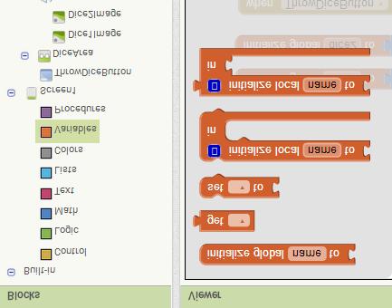 Εισάγουμε 2 μεταβλητές και στο πεδίο name γράφουμε, dice1 και dice2 (σε κάθε εντολή)και κουμπώνουμε την τιμή 0 (ομάδα Math) 6) Αποθηκεύουμε τους τυχαίους αριθμούς της random