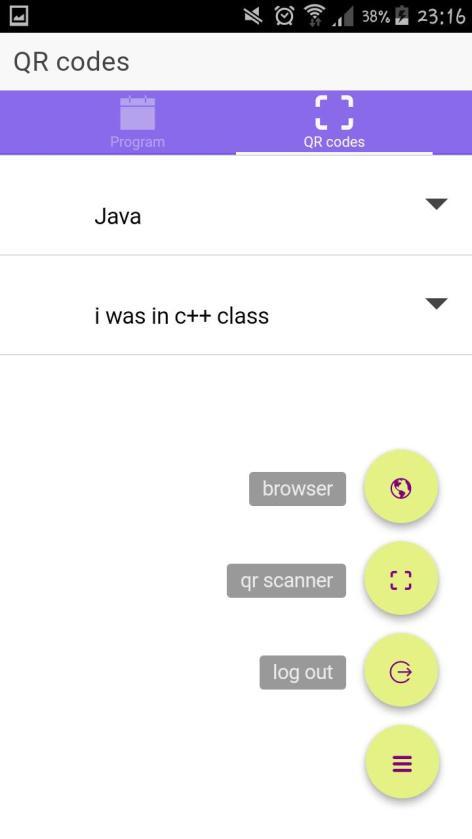 Ο καθηγητής στο tab με τίτλο "Program" μπορεί να δει σε μορφή λίστας της ημερομηνίες και ώρες εξέτασης κάθε μαθήματος που επιτηρεί (εικόνα 92) ενώ στο tab με τίτλο "QR codes" έχει τη δυνατότητα να