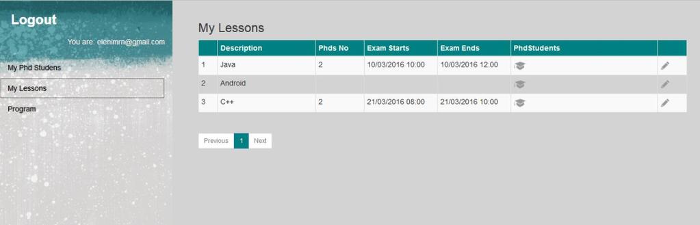 Επιλέγοντας από το μενού, " Μy Lessons ", ανοίγει η σελίδα διαχείρισης των μαθημάτων στην οποία ο καθηγητής μπορεί να δει όλα τα μαθήματα που διδάσκει, συγκεντρωμένα σε έναν πίνακα (εικόνα 71).