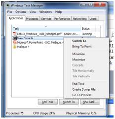 Task Manager (2/2) Με δεξί κλίκ ςε κάποια από τισ εφαρμογζσ που εκτελοφνται εμφανίηονται επιπλζον επιλογζσ: Μεταφορά του ελζγχου ςε μια εφαρμογι Μεταφορά τθσ εφαρμογισ ςτο