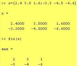 :fix (x) قسمت عدد صحیح را بر می گرداند قسمت اعشاری عدد xرا حذف می کند به عبارت دیگر: عدد را بسمت صفر گرد می کند اعداد برای