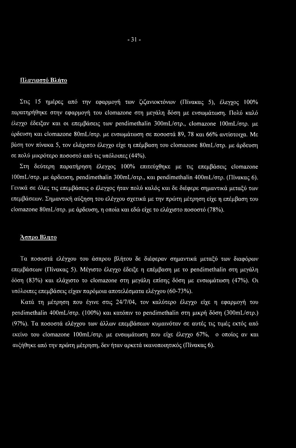 Με βάση τον πίνακα 5, τον ελάχιστο έλεγχο είχε η επέμβαση του clomazone 80mLAxcp. με άρδευση σε πολύ μικρότερο ποσοστό από τις υπόλοιπες (44%).