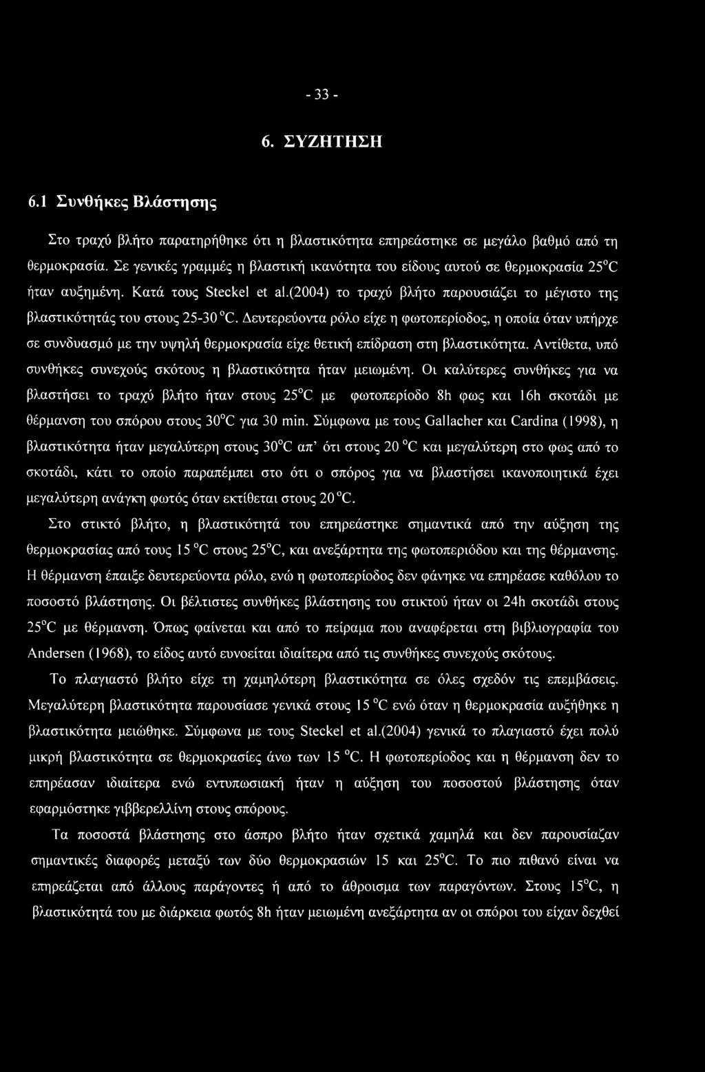 -33-6. ΣΥΖΗΤΗΣΗ 6.1 Συνθήκες Βλάστησης Στο τραχύ βλήτο παρατηρήθηκε ότι η βλαστικότητα επηρεάστηκε σε μεγάλο βαθμό από τη θερμοκρασία.