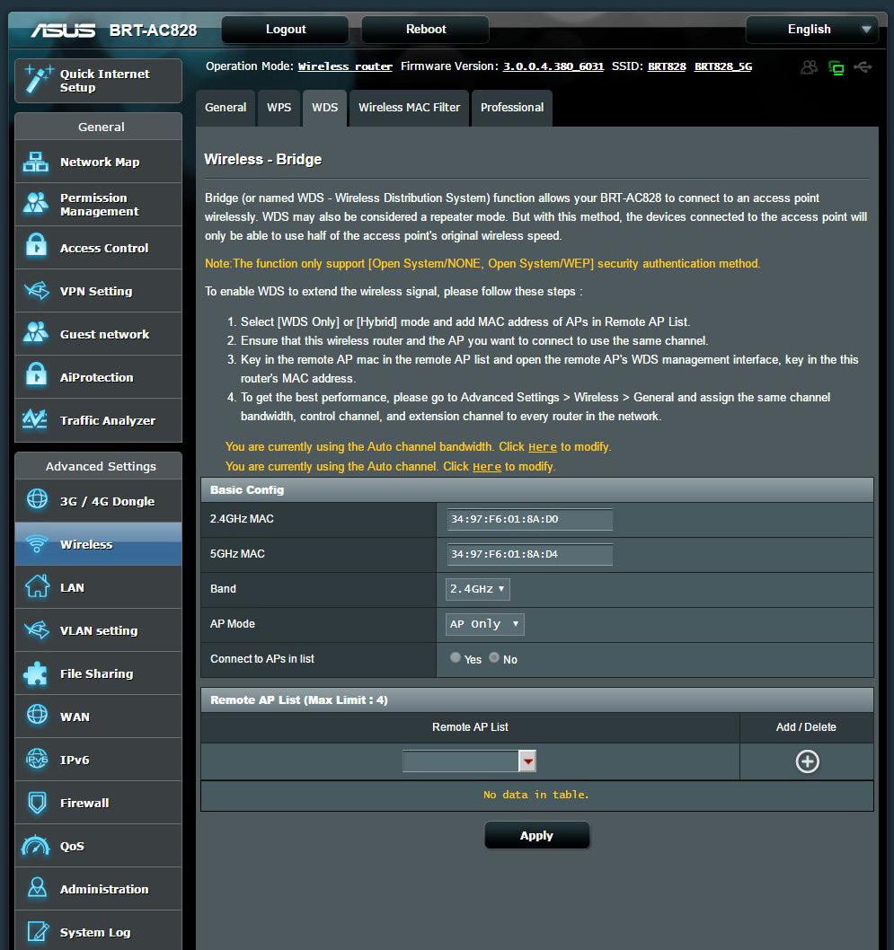 4.1.3 Γέφυρα Η Γέφυρα ή το WDS (Wireless Distribution System - Σύστημα Διανομής Ασύρματου Δικτύου) επιτρέπει στον ασύρματο δρομολογητή ASUS να συνδέεται σε ένα άλλο ασύρματο σημείο πρόσβασης