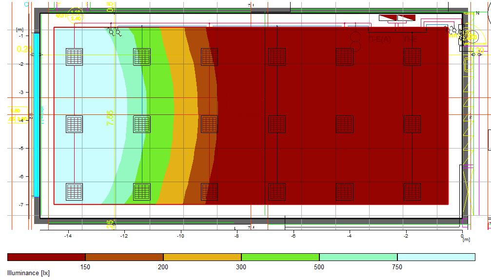 Εργαστήριο, 1 ος όροφος General Εικόνα Π-Β 2: Κατανομή έντασης φυσικού φωτισμού στην επιφάνεια του εργαστηρίου Calculation algorithm used Calculation mode used: Average indirect fraction Overcast sky