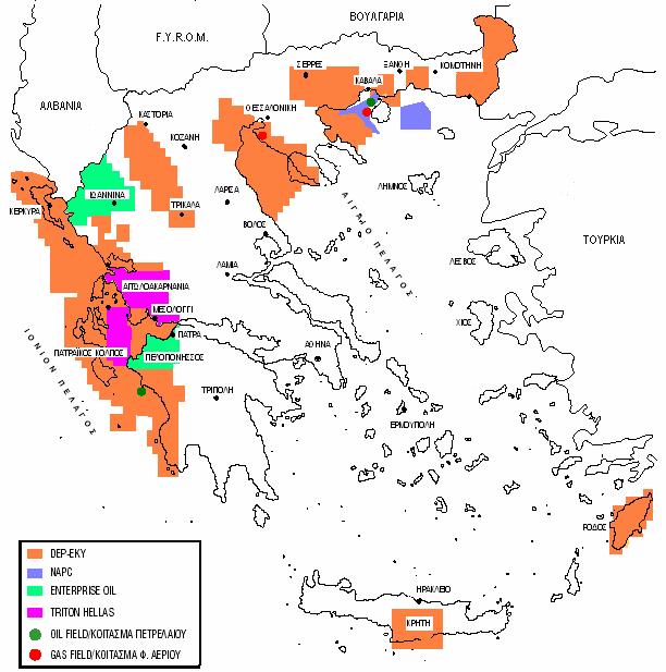 ΚΕΦΑΛΑΙΟ 1 ΟΙ Υ ΡΟΓΟΝΑΝΘΡΑΚΕΣ ΣΤΗΝ ΕΛΛΑ Α Χάρτης 1.2 Χάρτης παραχωρήσεων στον Ελλαδικό χώρο το Φθινόπωρο του 1997. (www.energia.