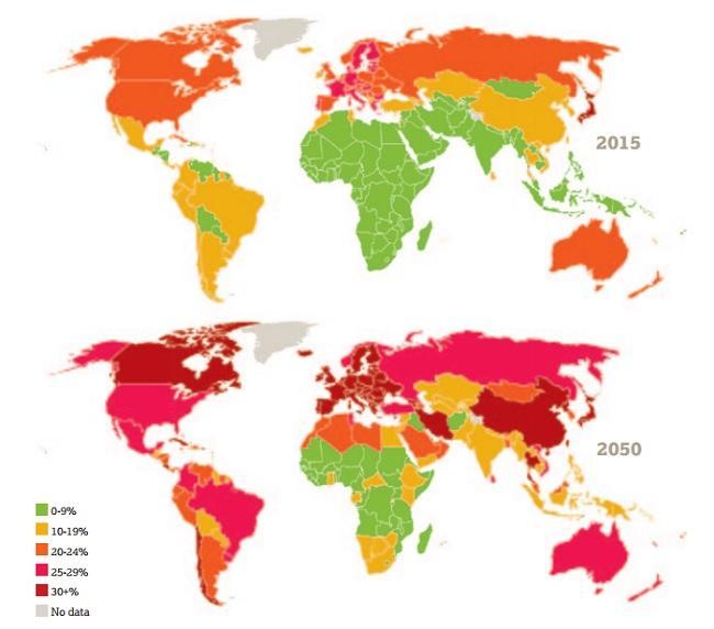 Ο χάρτης των ηλικιωμένων του κόσμου το 2015 και η πρόβλεψη για το 2050, όταν όλες οι ανεπτυγμένες