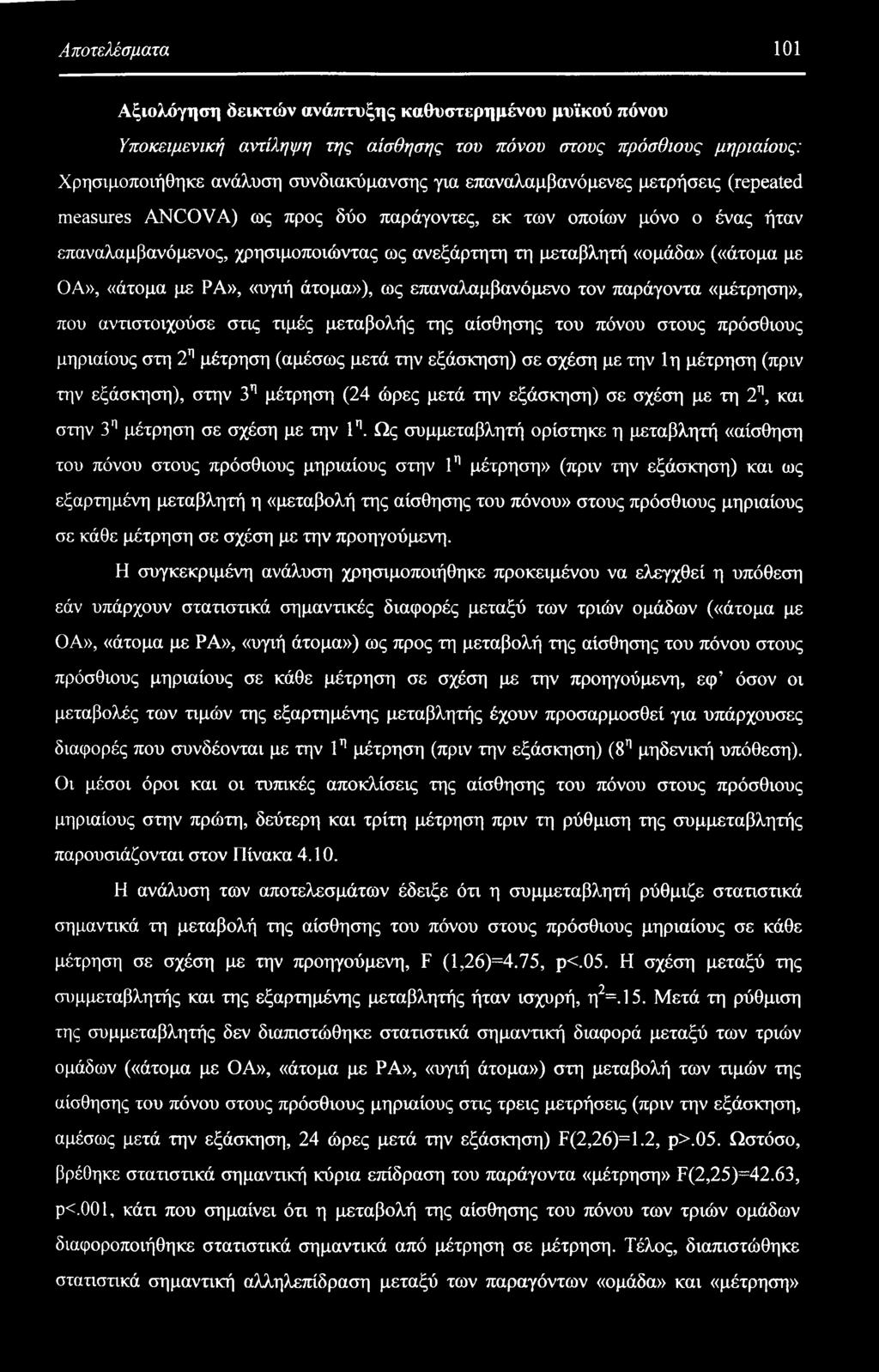 «άτομα με ΡΑ», «υγιή άτομα»), ως επαναλαμβανόμενο τον παράγοντα «μέτρηση», που αντιστοιχούσε στις τιμές μεταβολής της αίσθησης του πόνου στους πρόσθιους μηριαίους στη 2η μέτρηση (αμέσως μετά την