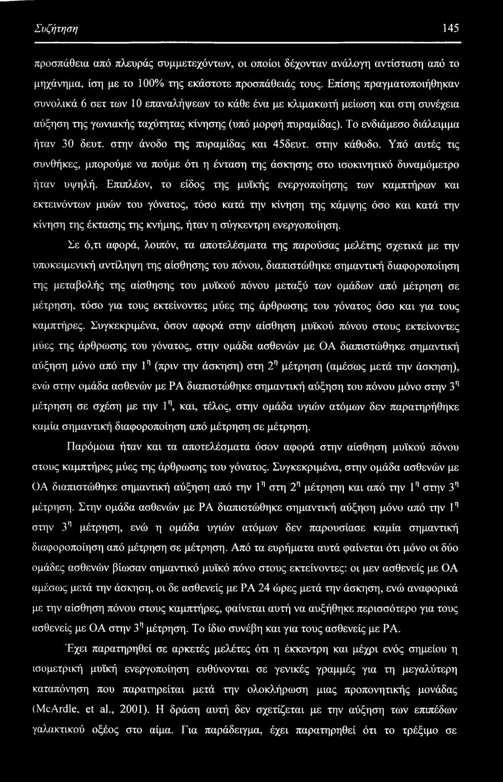 Το ενδιάμεσο διάλειμμα ήταν 30 δευτ. στην άνοδο της πυραμίδας και 45δευτ. στην κάθοδο. Υπό αυτές τις συνθήκες, μπορούμε να πούμε ότι η ένταση της άσκησης στο ισοκινητικό δυναμόμετρο ήταν υψηλή.