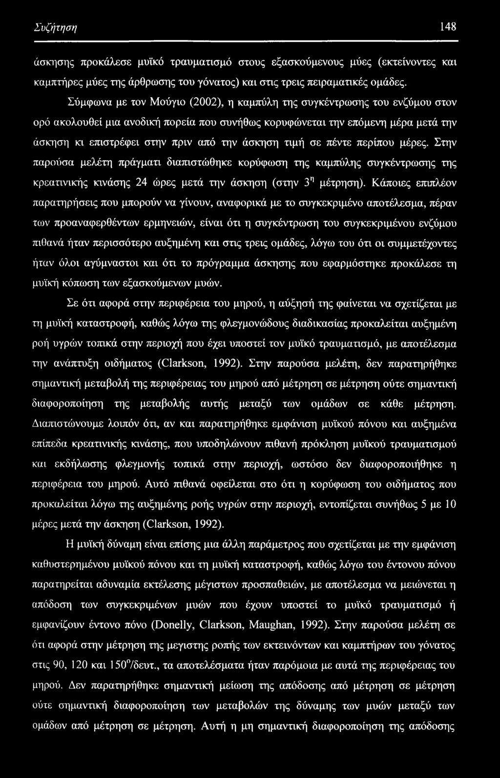 άσκηση τιμή σε πέντε περίπου μέρες. Στην παρούσα μελέτη πράγματι διαπιστώθηκε κορύφωση της καμπύλης συγκέντρωσης της κρεατινικής κινάσης 24 ώρες μετά την άσκηση (στην 3η μέτρηση).