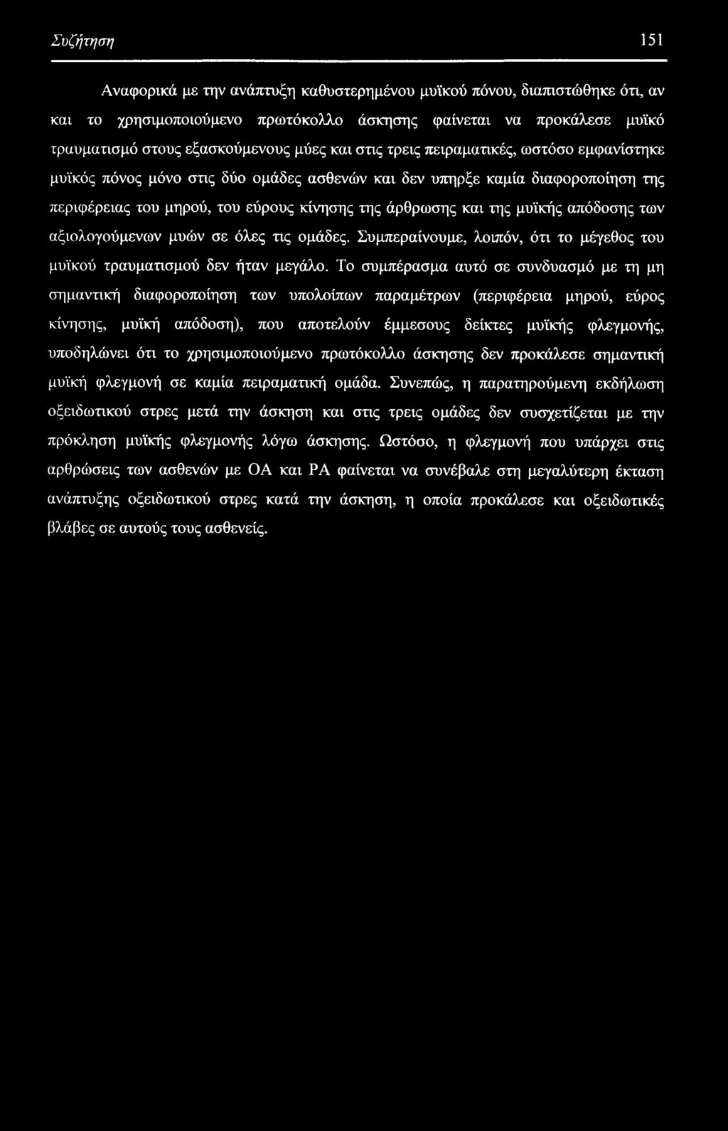 απόδοσης των αξιολογούμενων μυών σε όλες τις ομάδες. Συμπεραίνουμε, λοιπόν, ότι το μέγεθος του μυϊκού τραυματισμού δεν ήταν μεγάλο.