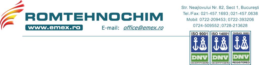 Fisa tehnica a produsului: EMAIL EPOXIDIC BICOMPONENT EMEX Emailul Epoxidic EMEX este un produs bicomponent, pe baza de rasina epoxidica in solutie, pigmenti, aditivi, si solventi specifici.