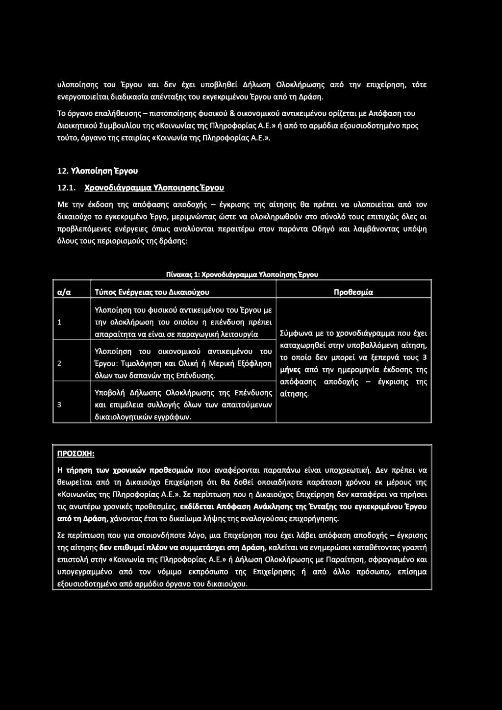 .1. Χρονοδιάγραμμα Υλοποιπσης'Ερνου Με την έκδοση της απόφασης αποδοχής - έγκρισης της αίτησης θα πρέπει να υλοποιείται από τον δικαιούχο το εγκεκριμένο Έργο, μεριμνώντας ώστε να ολοκληρωθούν στο