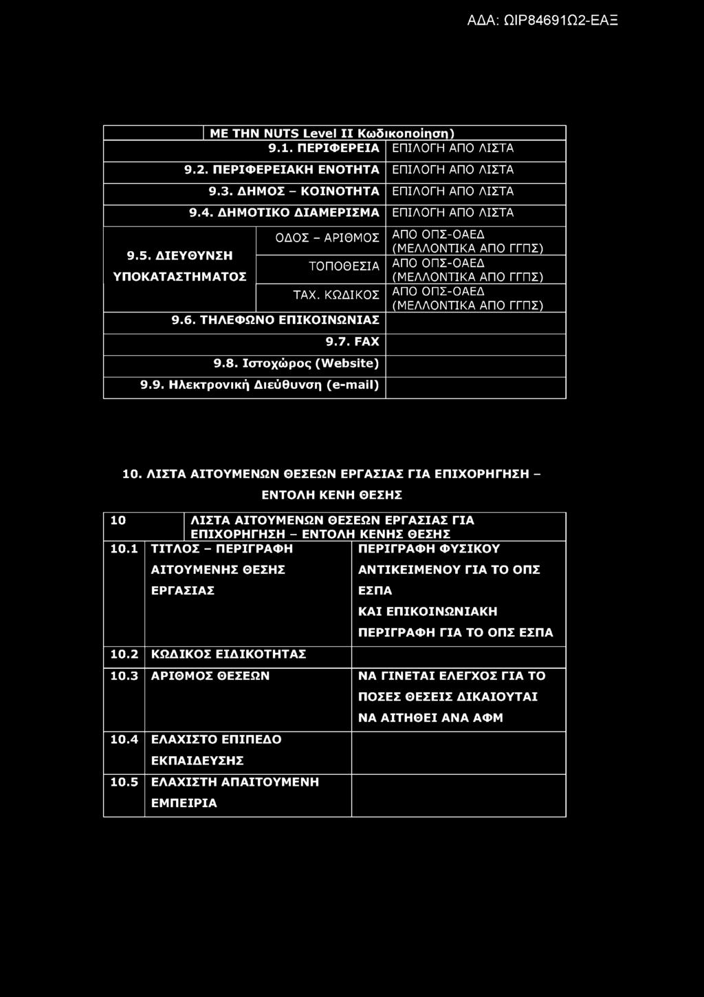 ΜΕ ΤΗΝ NUTS Level II Κω δικοποίηση) 9.1. Π ΕΡΙΦ ΕΡΕΙΑ ΕΠΙΛΟΓΗ ΑΠΟ ΛΙΣΤΑ 9.2. Π ΕΡΙΦ ΕΡΕΙΑΚΗ ΕΝΟΤΗΤΑ ΕΠΙΛΟΓΗ ΑΠΟ ΛΙΣΤΑ 9.3. ΔΗΜΟΣ - ΚΟΙΝΟ ΤΗΤΑ ΕΠΙΛΟΓΗ ΑΠΟ ΛΙΣΤΑ 9.4.