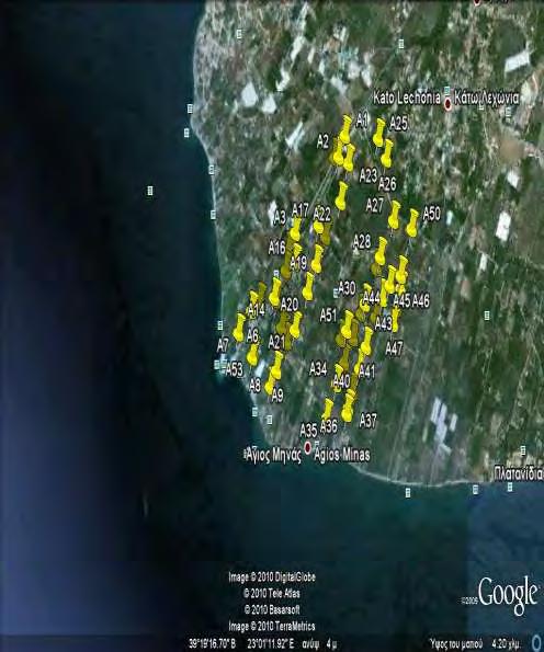 Εικόνα 12. Η περιοχή μελέτης στα Κ. Λεχώνια και οι θέσεις τοποθέτησης των παγίδων (Google Earth) Πίνακας 3.