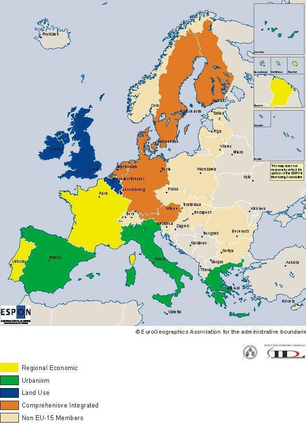 Εικόνα 4. Χάρτης για τους τύπους χωρικού σχεδιασμού στην Ευρώπη με βάση το EU Compendium.