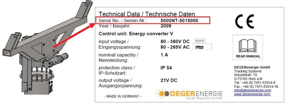 Correct Serial Number on 2axis Degertrackers Dear Customer On the attached figures the placement of the correct serial number of a Degertracker is presented.