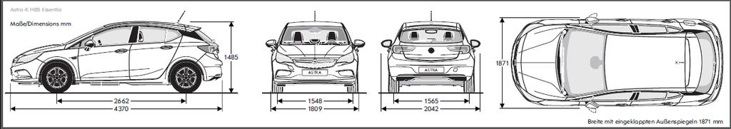 Τεχνικά Χαρακτηριστικά Opel Astra 5θυρου 6 Βάρη & Διαστάσεις Διαστάσεις οχήµατος σε mm Μήκος 4370 Πλάτος (+/- εξωτερικούς καθρέπτες) 2042 / 1809 Ύψος (στο απόβαρο) 1485 Μεταξόνιο 2662 Μετατρόχιο,