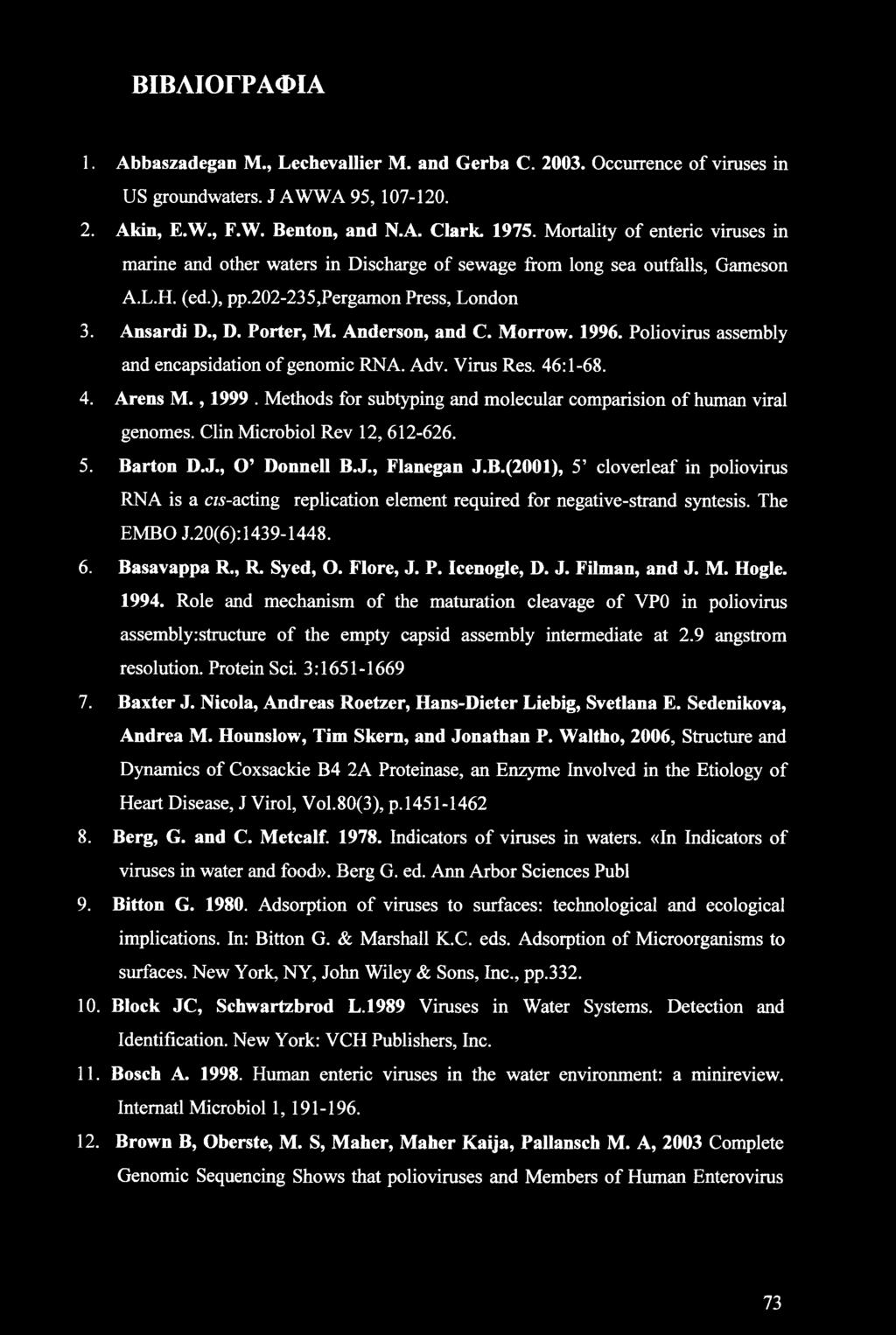 Anderson, and C. Morrow. 1996. Poliovirus assembly and encapsidation of genomic RNA. Adv. Virus Res. 46:1-68. 4. Arens M., 1999. Methods for subtyping and molecular comparision of human viral genomes.