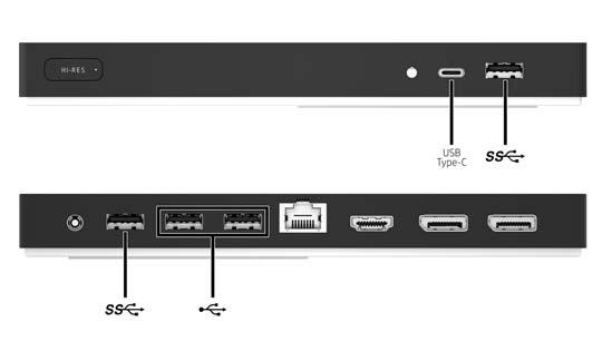 Σύνδεση συσκευών USB Ο σταθμός επιτραπέζιας σύνδεσης διαθέτει πέντε θύρες USB: μία θύρα USB 3.x και δύο θύρες USB 2.0 στην πίσω πλευρά, μία θύρα USB Type-C και μία θύρα USB 3.x στην μπροστινή πλευρά.