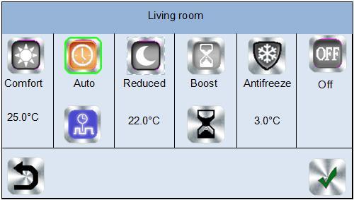 Επιλογή τύπου συσκευής (θέρμανση, φωτισμός, On / Off). Αυτά τα κουμπιά εμφανίζονται μόνο εάν έχει εγκατασταθεί ένας τύπος συσκευής στο δωμάτιο (έγχρωμο εάν είναι ενεργό). 2. Αλλαγή δωματίων. 3.