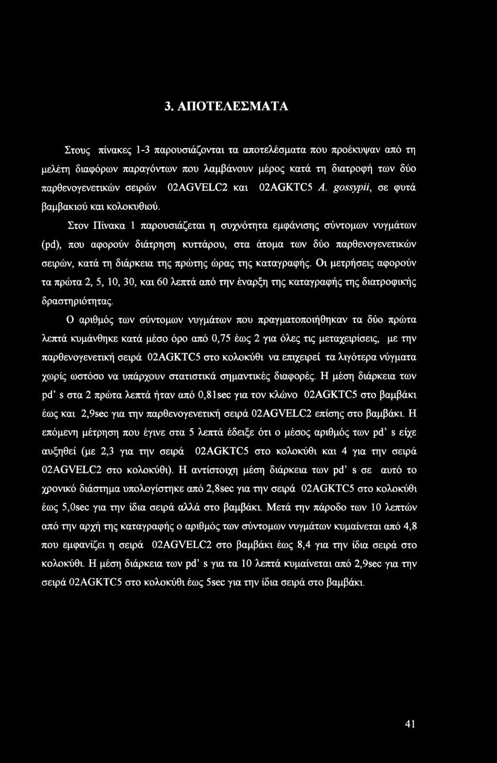 Στον Πίνακα 1 παρουσιάζεται η συχνότητα εμφάνισης σύντομων νυγμάτων (pd), που αφορούν διάτρηση κυττάρου, στα άτομα των δύο παρθενογενετικών σειρών, κατά τη διάρκεια της πρώτης ώρας της καταγραφής.