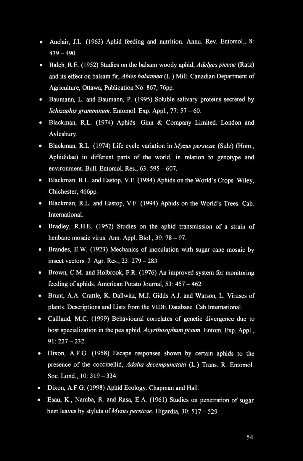 , 77: 57-60. Blackman, R.L. (1974) Aphids. Ginn & Company Limited. London and Aylesbury. Blackman, R.L. (1974) Life cycle variation in Myzus persicae (Sulz) (Horn.