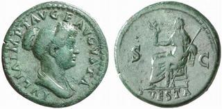 RIC Titus 57, Denar, undatiert Avers: IVLIA IMP T AVG F AVGVSTA; Iulia Titi mit Haarknoten im