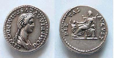Revers: CONCORDIA AVGVST, stehender Pfau. RIC Domitian 214, Denar Avers: wie RIC Domitian 213.