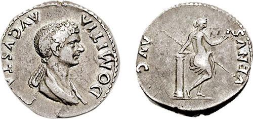 RIC Domitian 230, Denar/Tetradrachme (Prägung in Ephesus), undatiert Avers: DOMITIA AVGVSTA, Domitia mit langem Zopf.