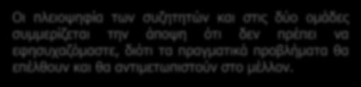 Περιβάλλον Οι πλειοψηφία των συζητητών και στις δύο ομάδες συμμερίζεται την άποψη ότι δεν πρέπει να εφησυχαζόμαστε, διότι τα πραγματικά προβλήματα θα επέλθουν και θα αντιμετωπιστούν