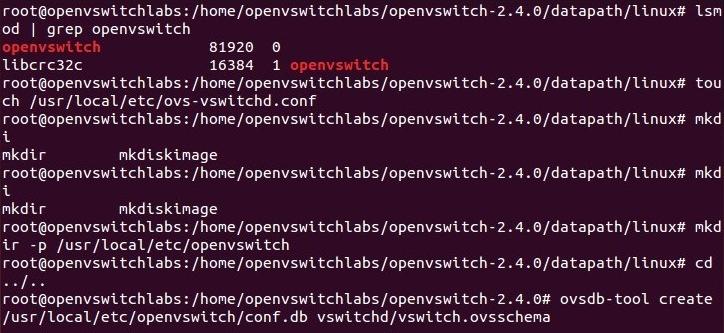 Θα βεβαιώσουμε ότι τρέχει με την εντολή: lsmod grep openvswitch και θα χρειαστεί να δημιουργήσουμε ένα αρχείο και έναν φάκελο που είναι απαραίτητα για το OpenVSwitch με τις παρακάτω εντολές: touch