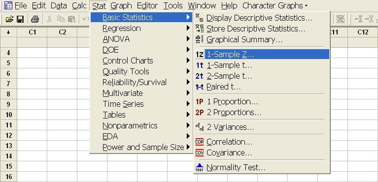 αν από τη γραμμή μενού επιλέξουμε Stat Basic Statistics 1-Sample Z παίρνουμε το