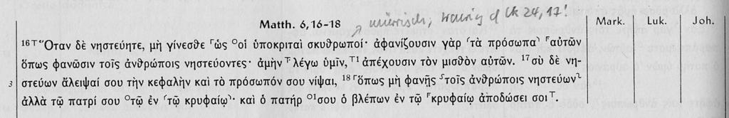 10 Die Verkündigung Jesu 41 Abbildung 1: Detail aus der Alandschen Synopse Die ganze Geschichte wurde dadurch zwar noch holpriger, aber das nahm Markus gern in Kauf; wenn er damit den Graben ein