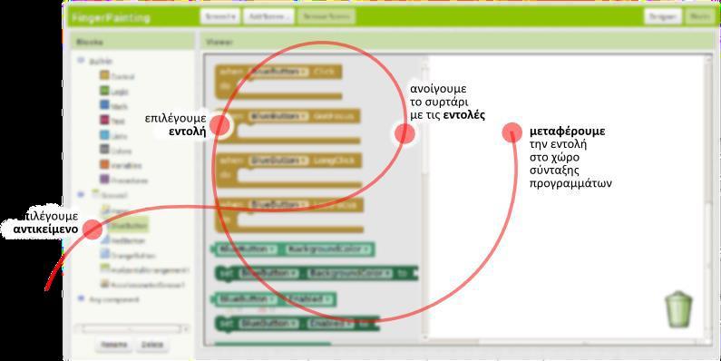 Η διαδικασία μοιάζει, λοιπόν, με εκείνη που ακολουθήσαμε για να προσθέσουμε αντικείμενα στην περιοχή σχεδίασης στο Βήμα 3 και περιγράφεται ενδεικτικά στην παρακάτω εικόνα: Στα αριστερά της οθόνης