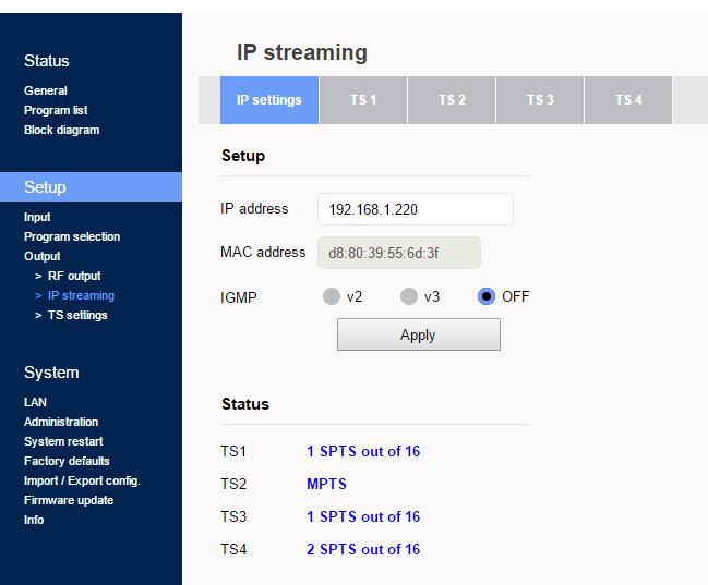 4.2.7 - Σελίδα IP streaming Στη σελίδα IP streaming ο χρήστης μπορεί να στήσει τον IP streamer της συσκευής.