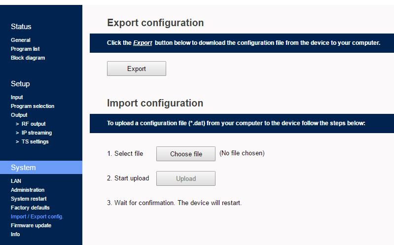 13 - Σελίδα Import/Export Config Στη σελίδα Import/Export Config (Σχήμα No 18) ο χρήστης μπορεί να κάνει τα εξής: 1.