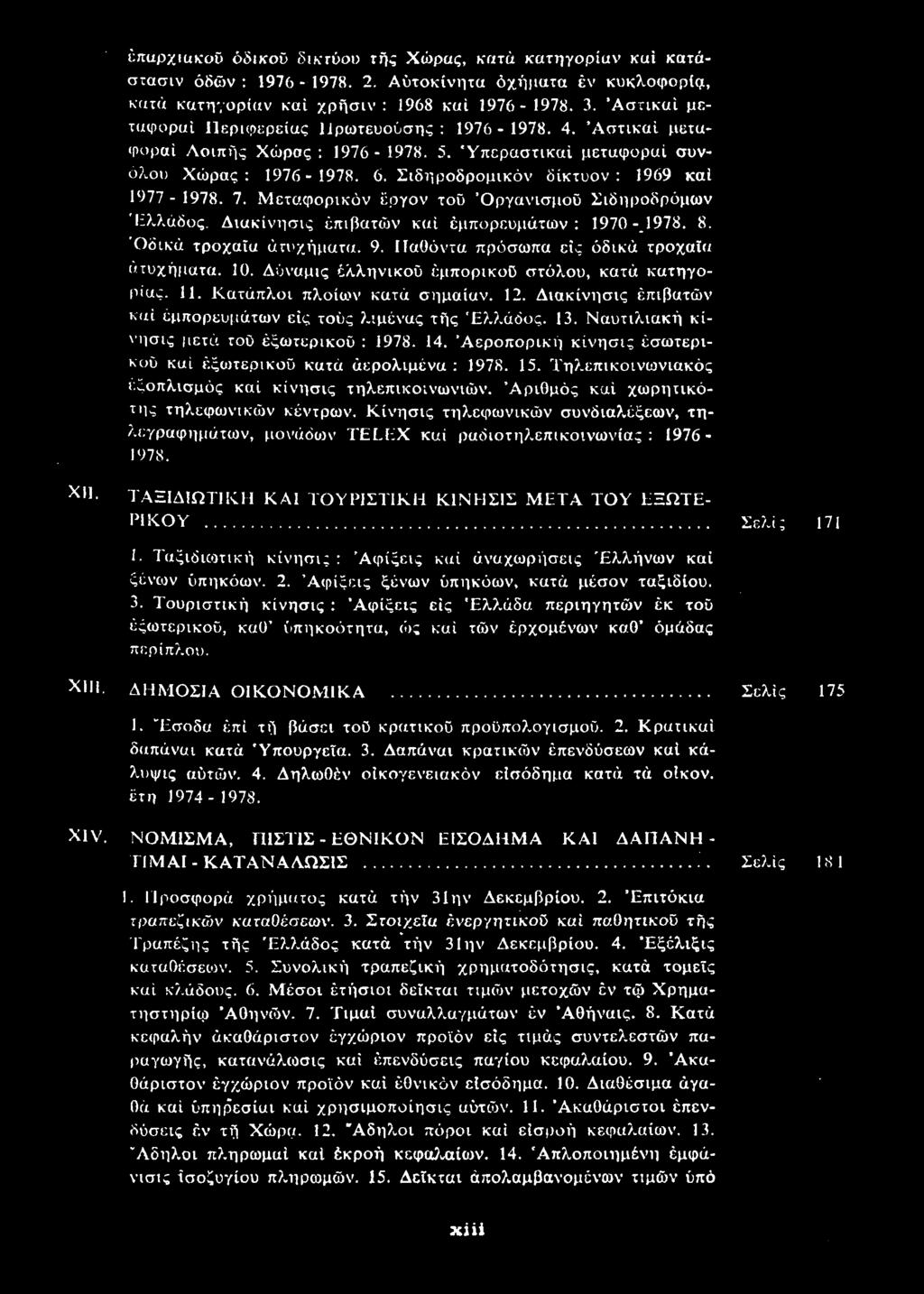 Σιδηροδρομικόν δίκτυον : 1969 και 1977-1978. 7. Μεταφορικόν έργον του Οργανισμού Σιδηροδρόμων Ελλάδος. Διακίνησις επιβατών και εμπορευμάτων: 1970-1978. 8. Οδικά τροχαία ατυχήματα. 9.